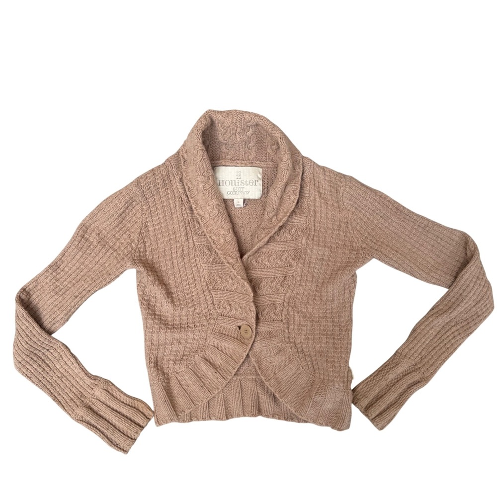 Hollister Womens Tan Cable Knit Shawl Collar Cropped Cardigan Sweater Large
